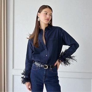 J. CREW COLLECTION Feather-Trim Cotton Poplin Button-Up Shirt Size 8